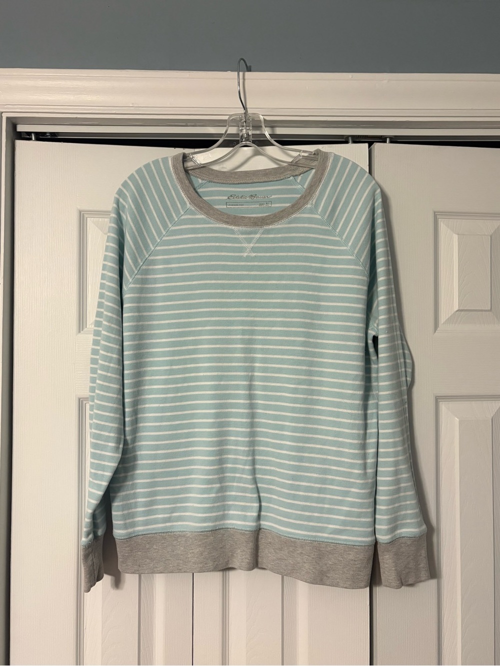 Eddie Bauer Light Teal & White Striped Sweatshirt with Gray Trim